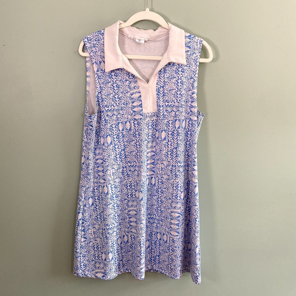 Sigrid Olsen Sheath Dress Womens Large Blue White Collared Stretch Tennis Golf